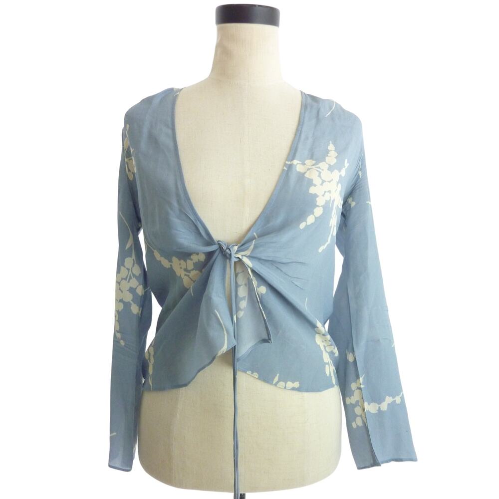 Realisation Par Blue Silk Floral Bianca Tie Front Blouse Top Size S Flawed